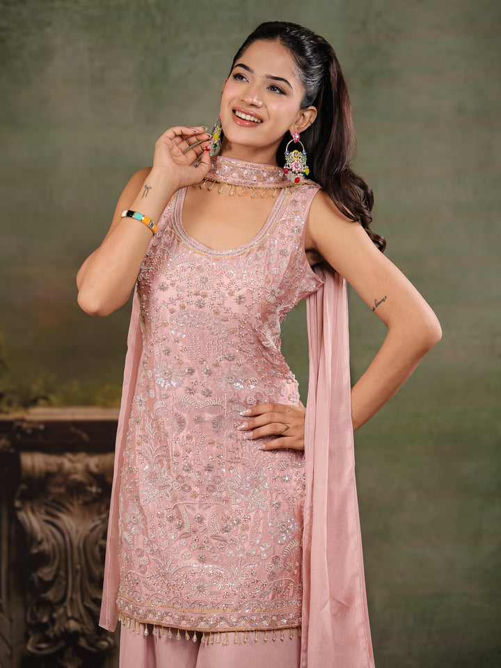 Blush Pink Embroidered Kurta Set with Wide-Leg Palazzo & Matching Dupatta