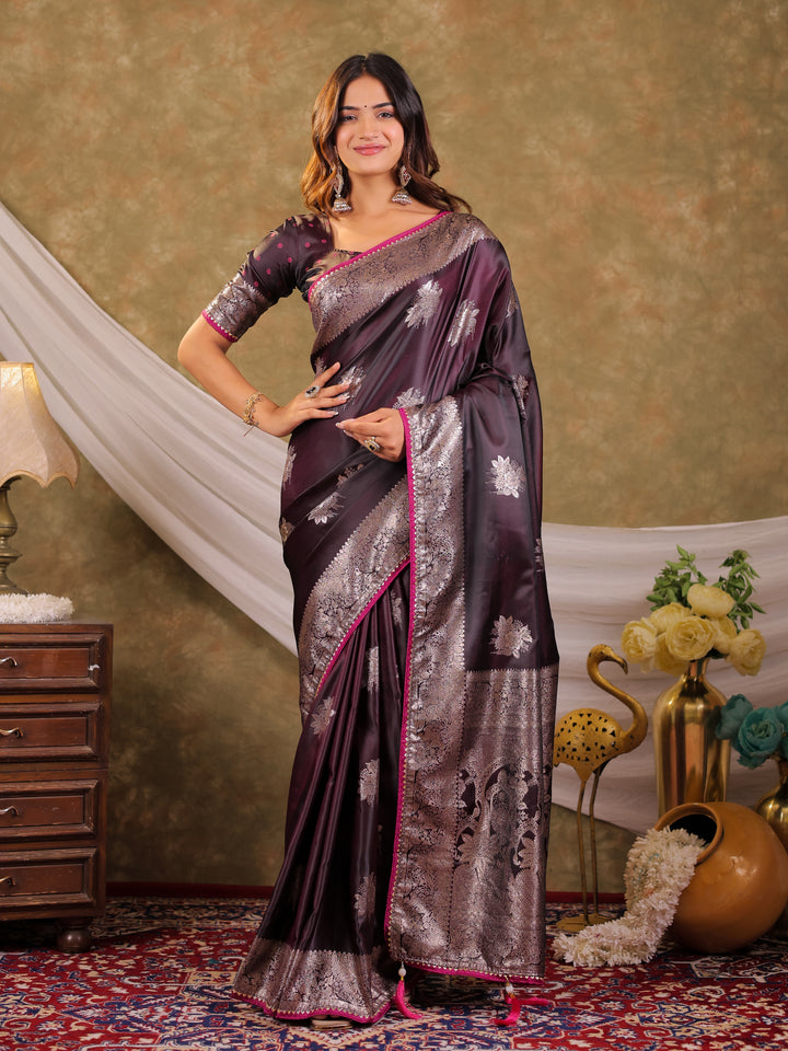 Wine Purple Kanjivaram Banarasi Satin Silk Saree with Silver Zari Weaving, Heritage Pallu & Tassel Detailing