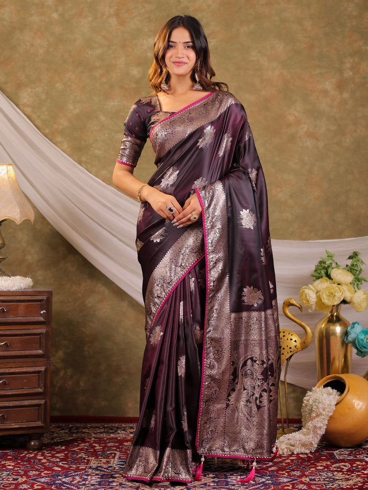 Wine Purple Kanjivaram Banarasi Satin Silk Saree with Silver Zari Weaving, Heritage Pallu & Tassel Detailing