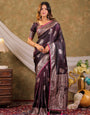 Wine Purple Kanjivaram Banarasi Satin Silk Saree with Silver Zari Weaving, Heritage Pallu & Tassel Detailing