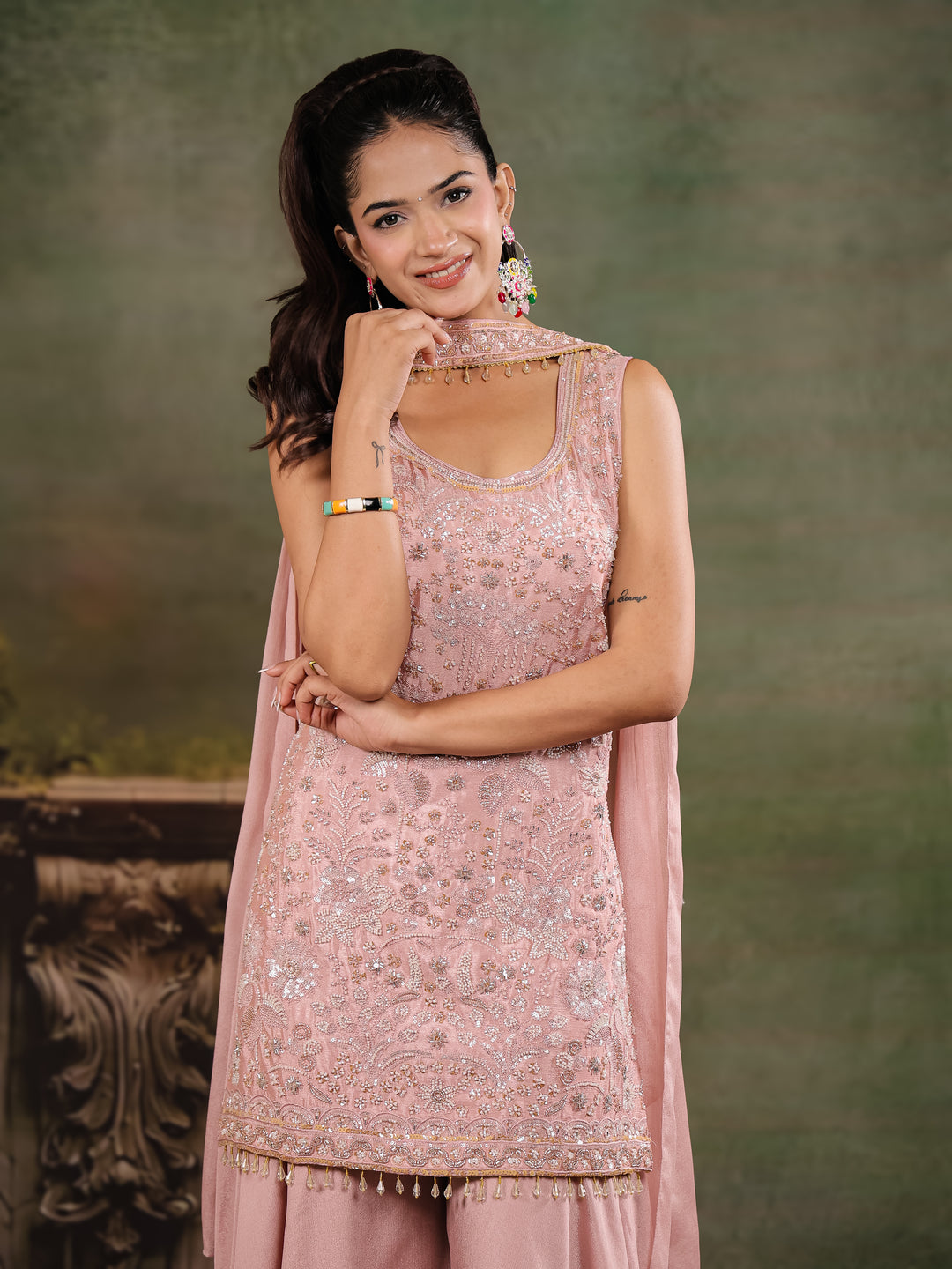 Blush Pink Embroidered Kurta Set with Wide-Leg Palazzo & Matching Dupatta