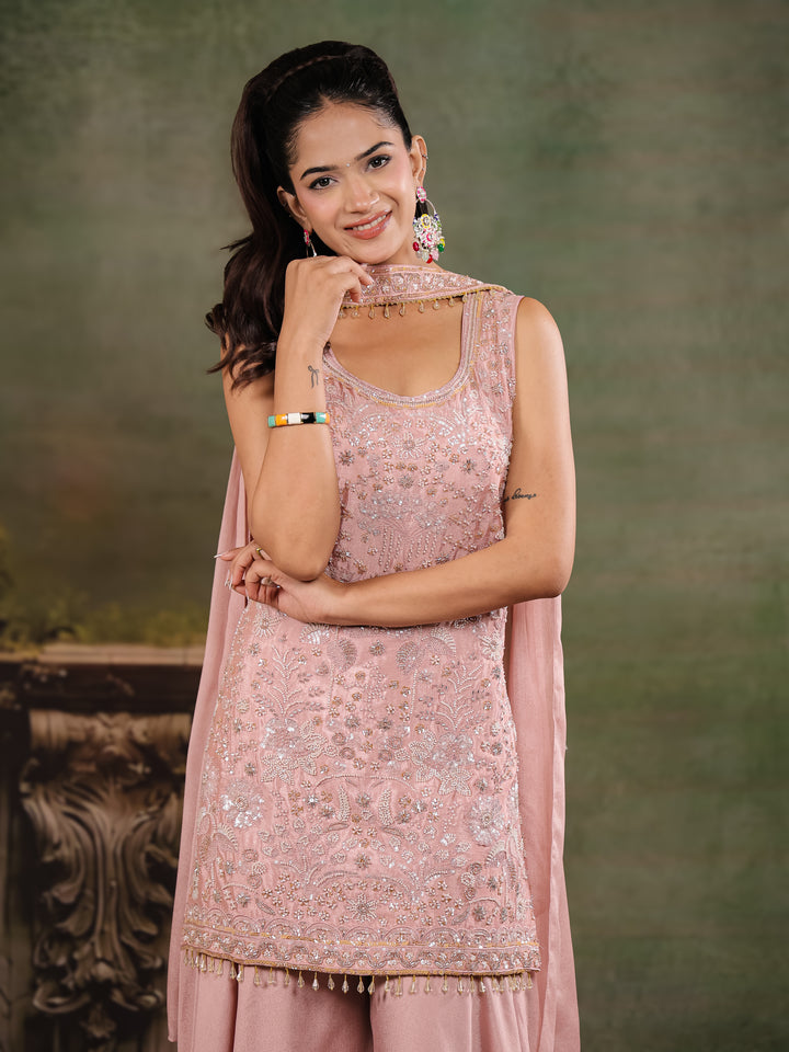 Blush Pink Embroidered Kurta Set with Wide-Leg Palazzo & Matching Dupatta
