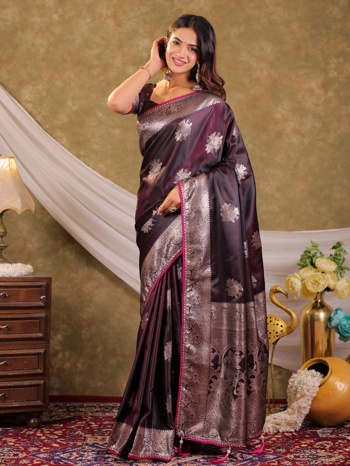 Wine Purple Kanjivaram Banarasi Satin Silk Saree with Silver Zari Weaving, Heritage Pallu & Tassel Detailing