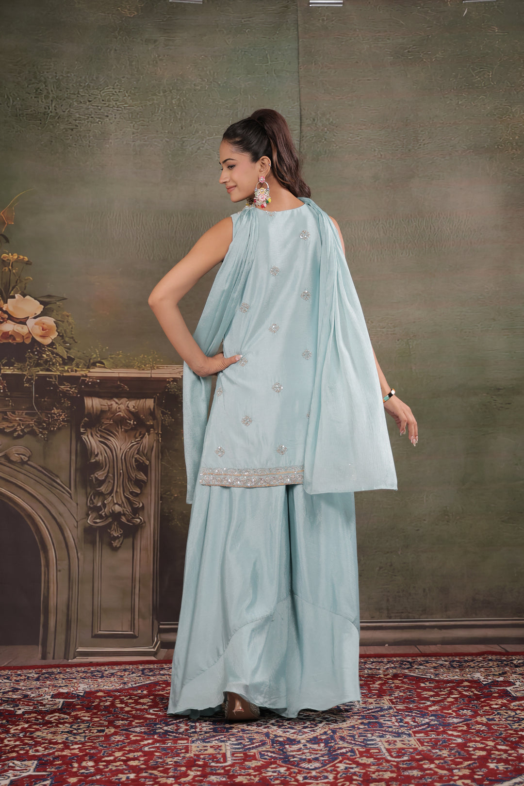 Powder Blue Embroidered Kurta Set with Wide-Leg Palazzo & Matching Dupatta