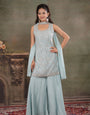 Powder Blue Embroidered Kurta Set with Wide-Leg Palazzo & Matching Dupatta
