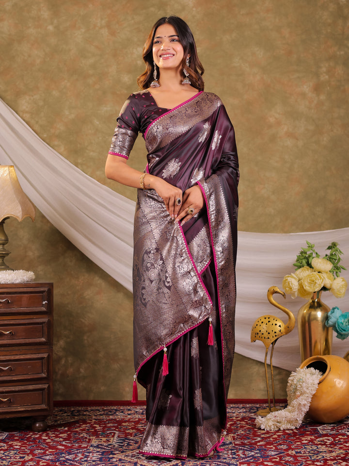 Wine Purple Kanjivaram Banarasi Satin Silk Saree with Silver Zari Weaving, Heritage Pallu & Tassel Detailing