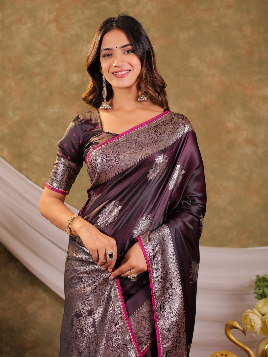 Wine Purple Kanjivaram Banarasi Satin Silk Saree with Silver Zari Weaving, Heritage Pallu & Tassel Detailing