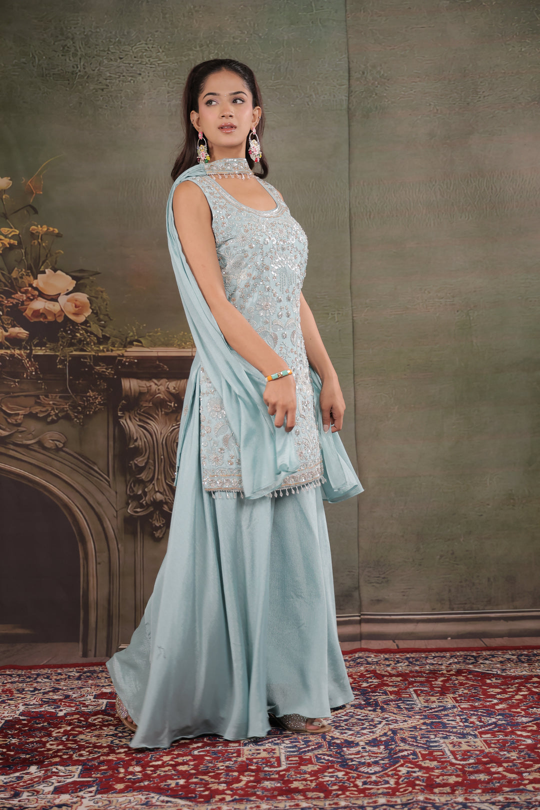 Powder Blue Embroidered Kurta Set with Wide-Leg Palazzo & Matching Dupatta