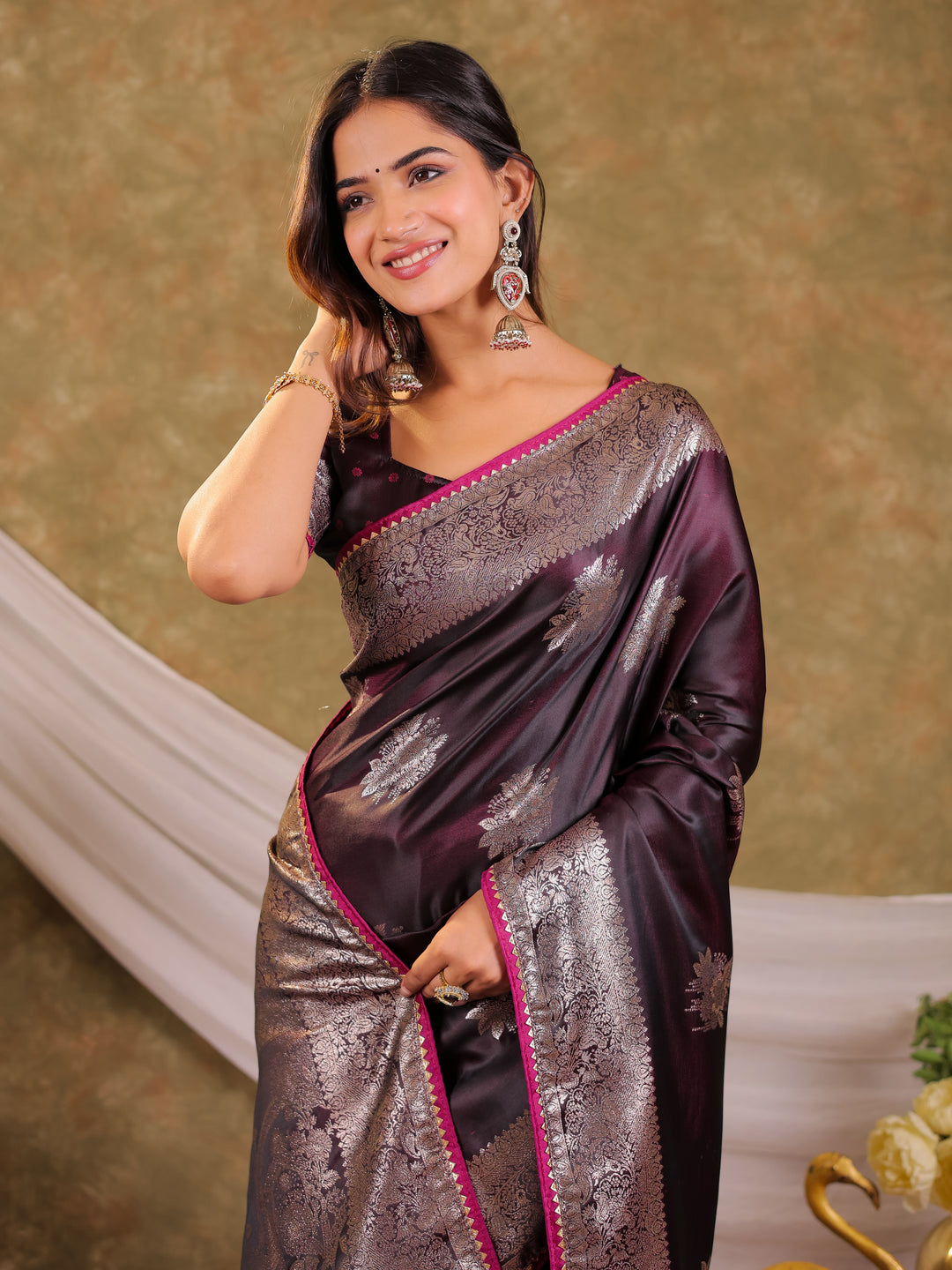 Wine Purple Kanjivaram Banarasi Satin Silk Saree with Silver Zari Weaving, Heritage Pallu & Tassel Detailing
