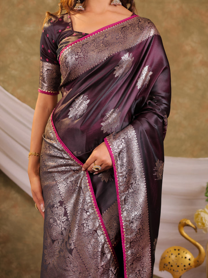 Wine Purple Kanjivaram Banarasi Satin Silk Saree with Silver Zari Weaving, Heritage Pallu & Tassel Detailing