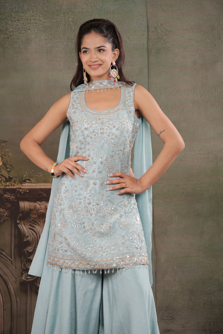 Powder Blue Embroidered Kurta Set with Wide-Leg Palazzo & Matching Dupatta