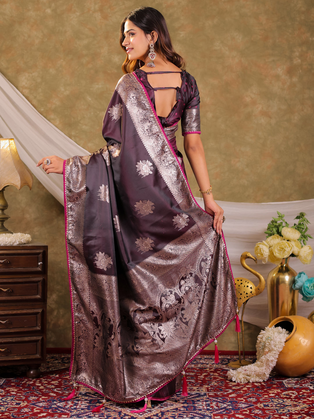 Wine Purple Kanjivaram Banarasi Satin Silk Saree with Silver Zari Weaving, Heritage Pallu & Tassel Detailing