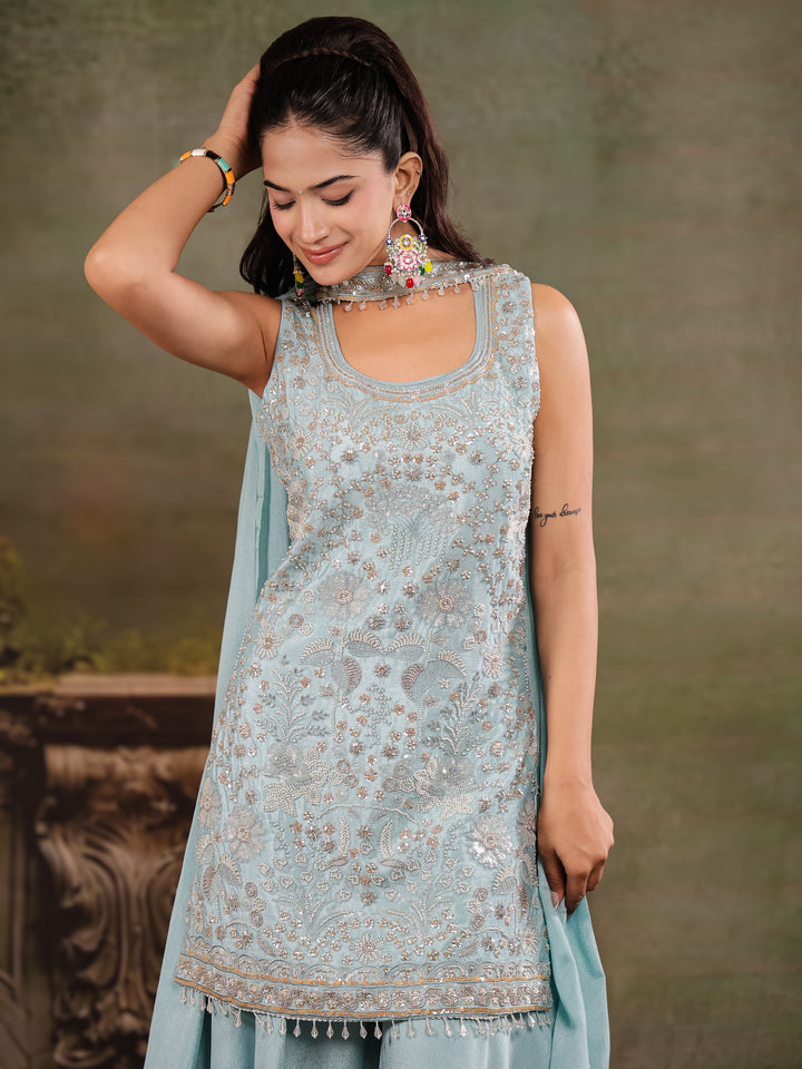 Powder Blue Embroidered Kurta Set with Wide-Leg Palazzo & Matching Dupatta