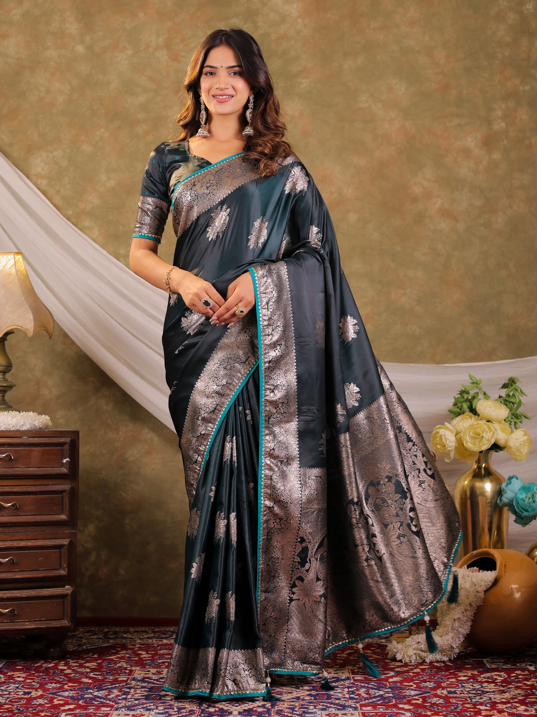 Teal Green Kanjivaram Banarasi Satin Silk Saree with Silver Zari Weaving, Heritage Floral Border & Tassel Detailing