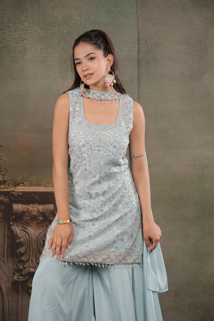 Powder Blue Embroidered Kurta Set with Wide-Leg Palazzo & Matching Dupatta