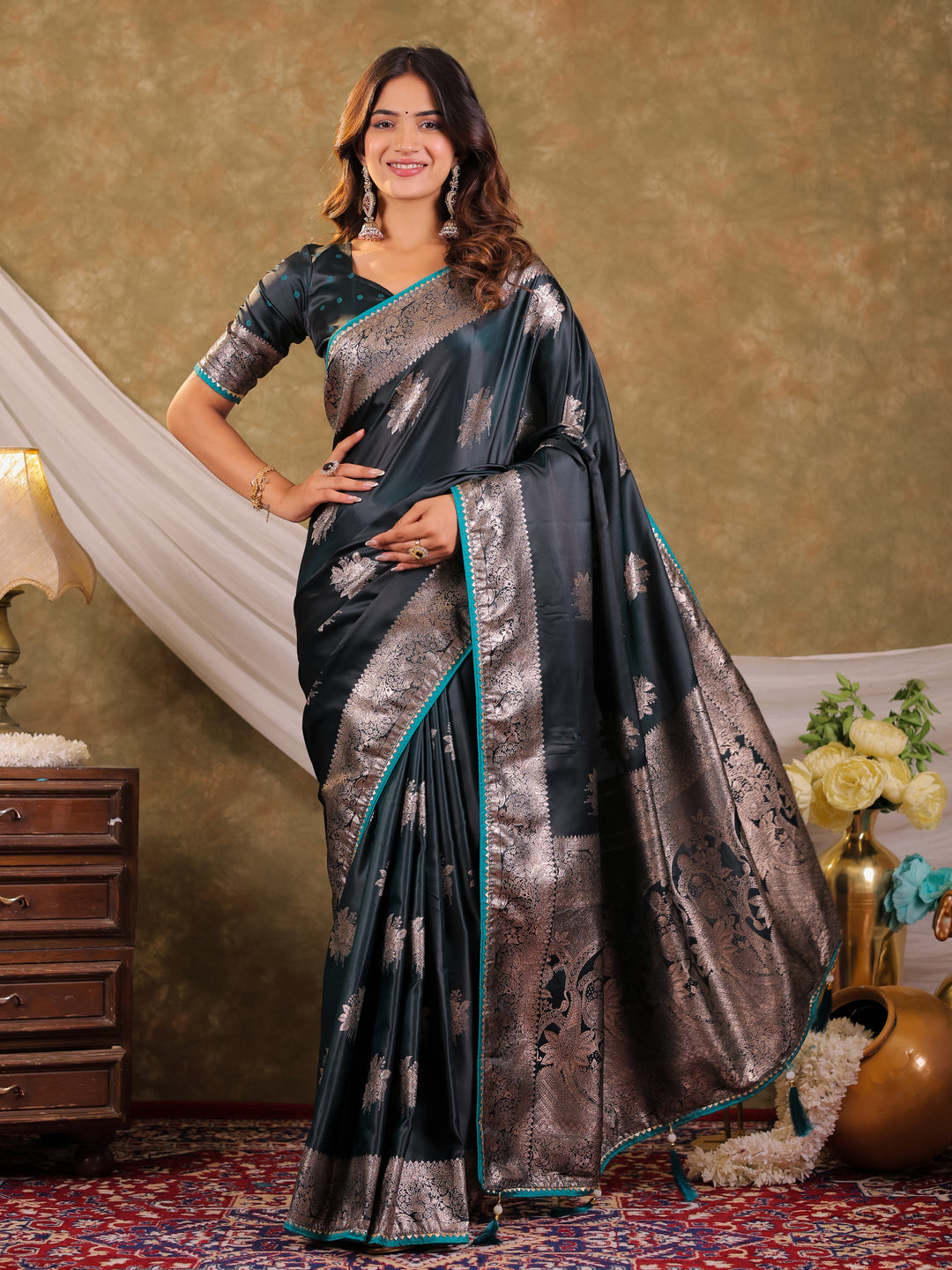 Teal Green Kanjivaram Banarasi Satin Silk Saree with Silver Zari Weaving, Heritage Floral Border & Tassel Detailing