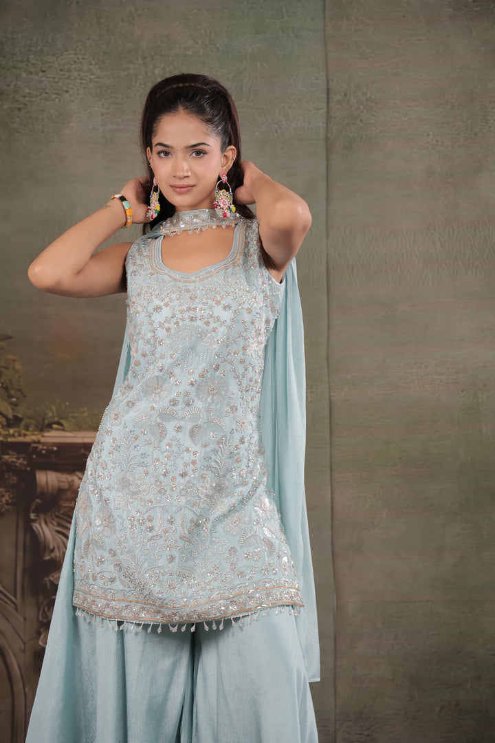 Powder Blue Embroidered Kurta Set with Wide-Leg Palazzo & Matching Dupatta
