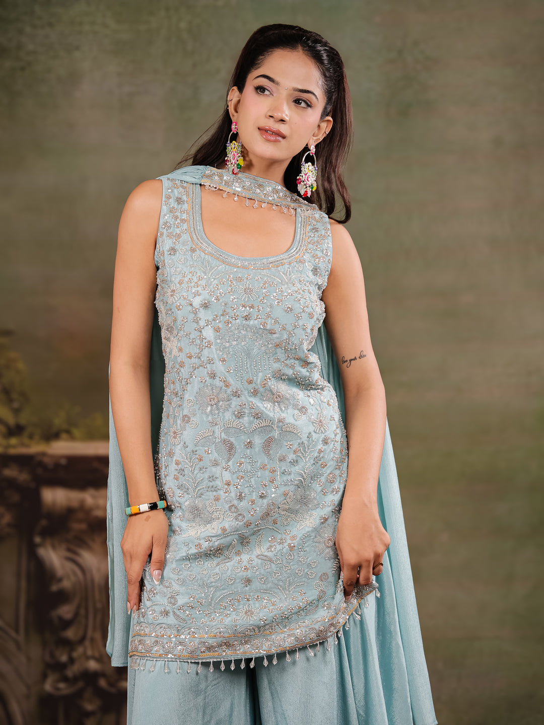 Powder Blue Embroidered Kurta Set with Wide-Leg Palazzo & Matching Dupatta