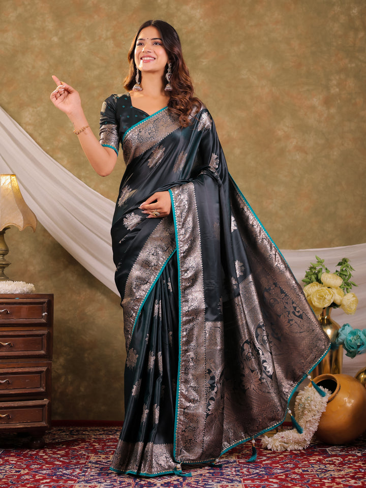 Teal Green Kanjivaram Banarasi Satin Silk Saree with Silver Zari Weaving, Heritage Floral Border & Tassel Detailing