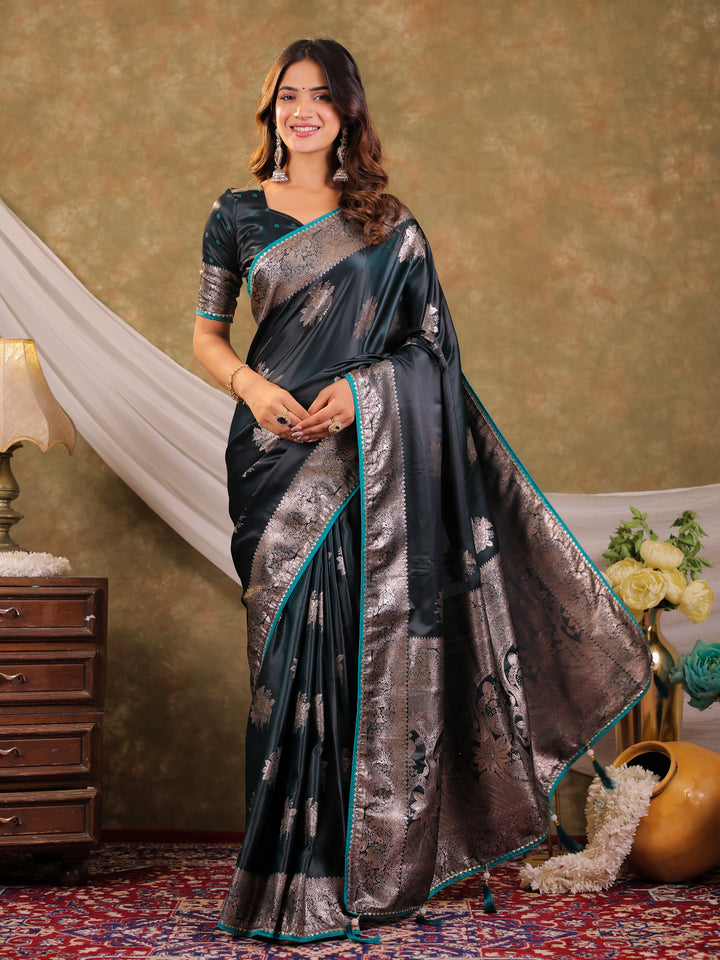 Teal Green Kanjivaram Banarasi Satin Silk Saree with Silver Zari Weaving, Heritage Floral Border & Tassel Detailing