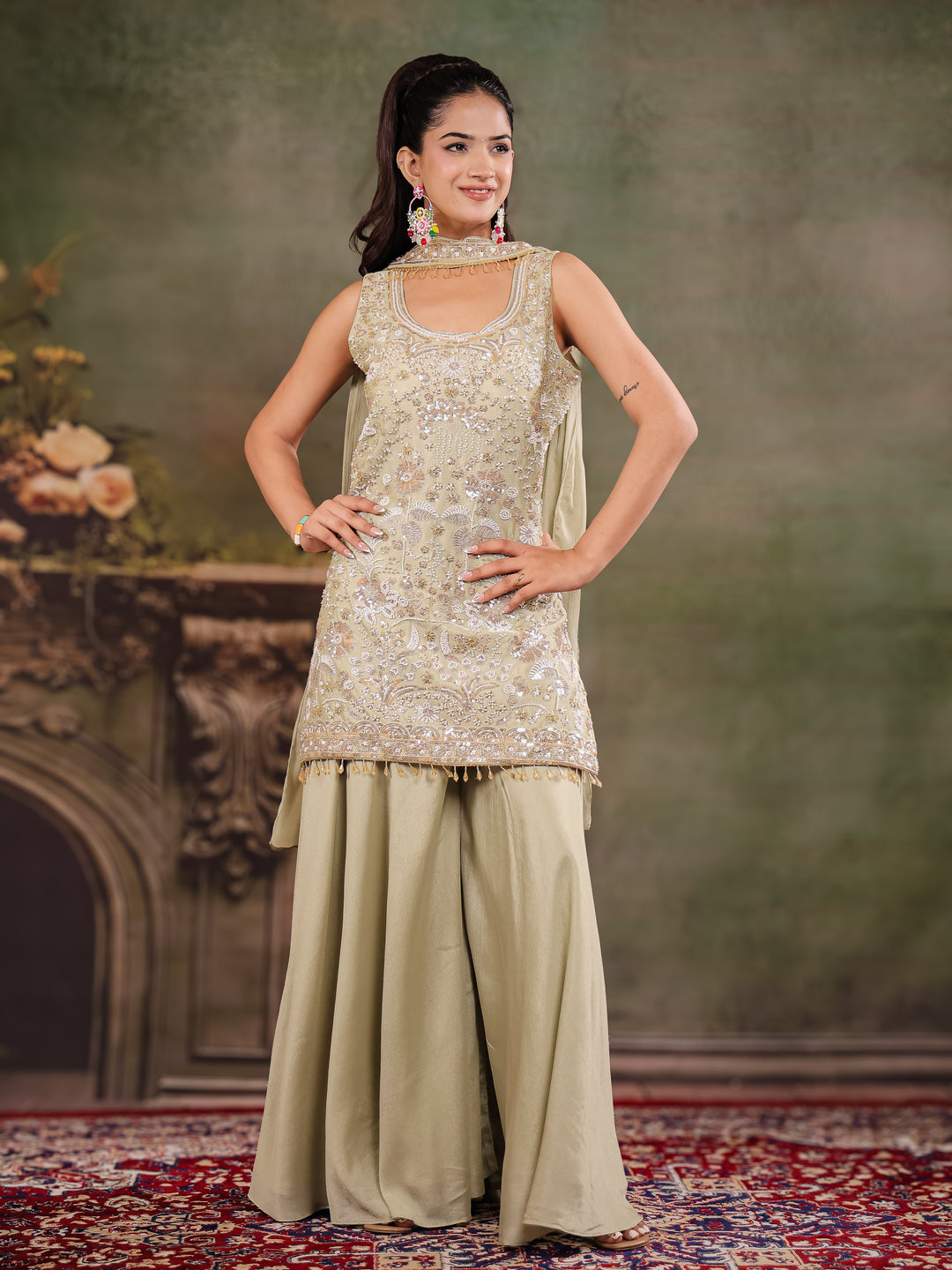 Sage Green Embroidered Kurta Set with Wide-Leg Palazzo & Matching Dupatta