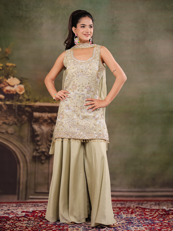 Sage Green Embroidered Kurta Set with Wide-Leg Palazzo & Matching Dupatta