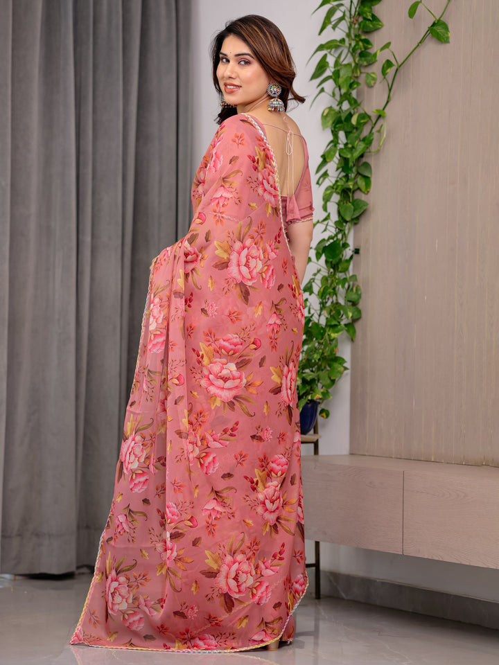 Dusty Rose Floral Printed Organza Saree | Designer Soft Sheer Organza Saree with Large Blossom Prints & Matching Blouse Piece | Elegant Party & Festive Wear Saree