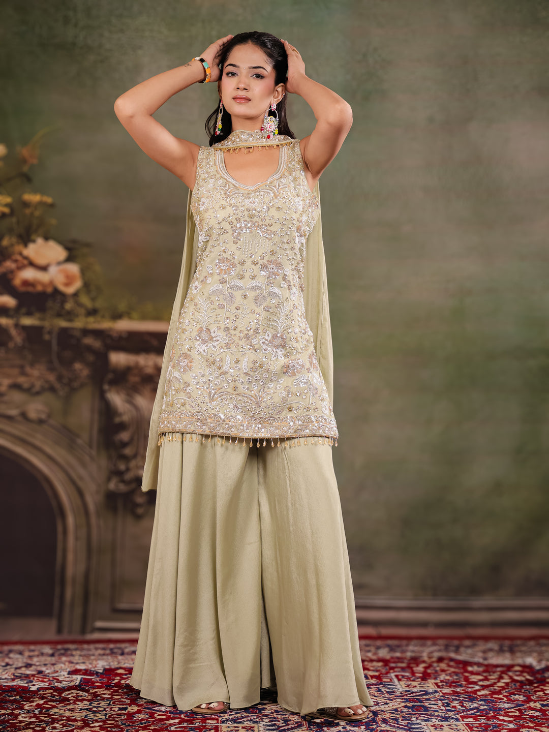 Sage Green Embroidered Kurta Set with Wide-Leg Palazzo & Matching Dupatta