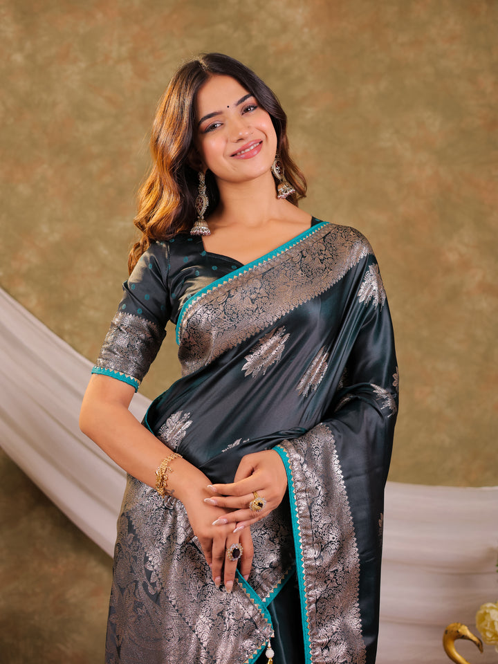 Teal Green Kanjivaram Banarasi Satin Silk Saree with Silver Zari Weaving, Heritage Floral Border & Tassel Detailing