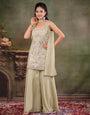 Sage Green Embroidered Kurta Set with Wide-Leg Palazzo & Matching Dupatta