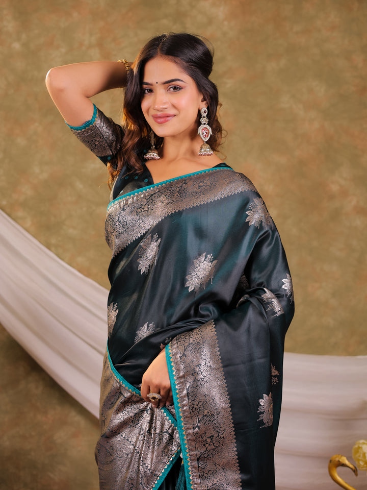 Teal Green Kanjivaram Banarasi Satin Silk Saree with Silver Zari Weaving, Heritage Floral Border & Tassel Detailing