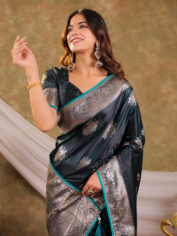 Teal Green Kanjivaram Banarasi Satin Silk Saree with Silver Zari Weaving, Heritage Floral Border & Tassel Detailing