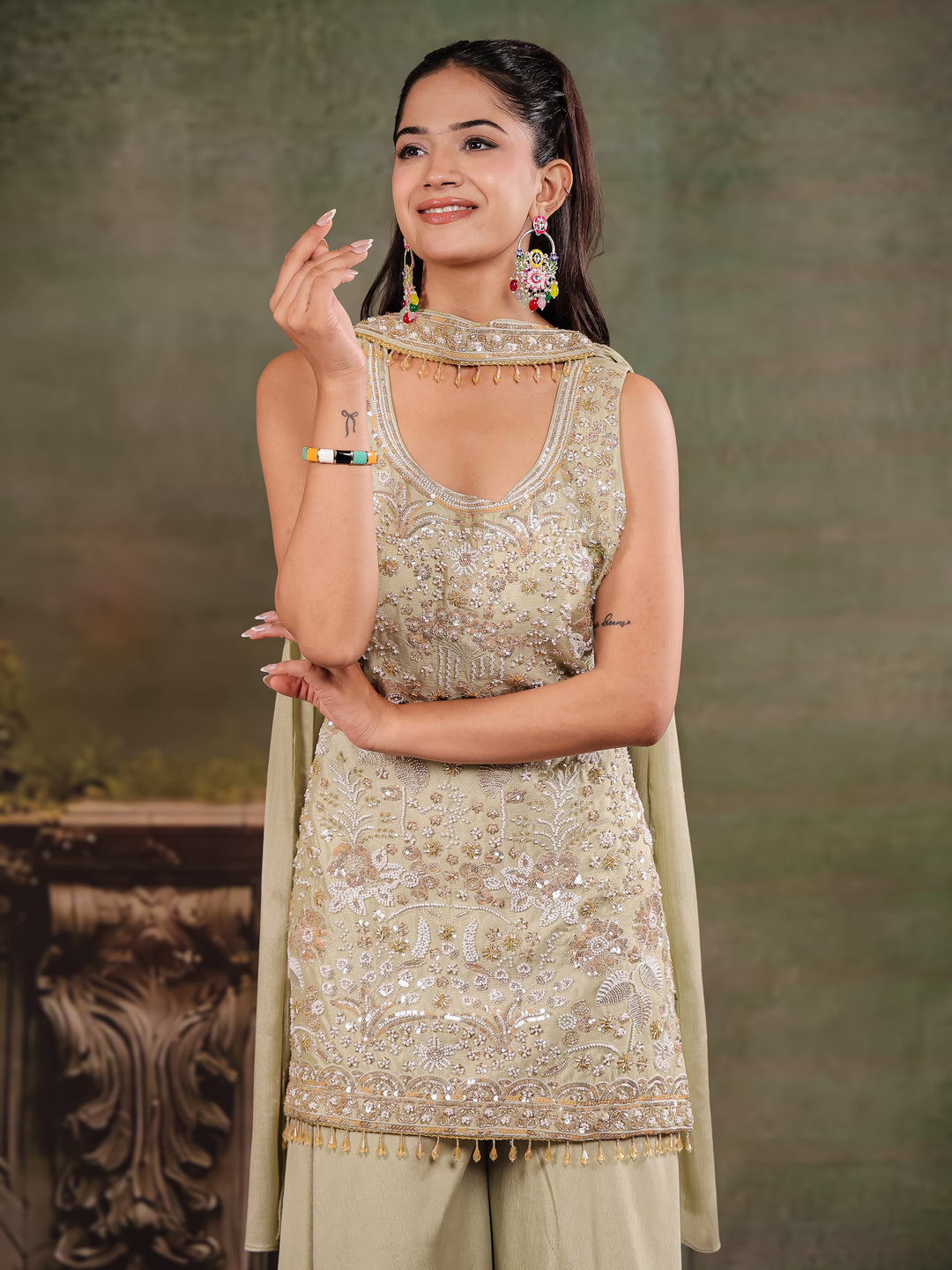 Sage Green Embroidered Kurta Set with Wide-Leg Palazzo & Matching Dupatta