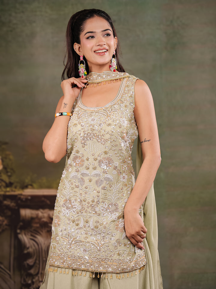 Sage Green Embroidered Kurta Set with Wide-Leg Palazzo & Matching Dupatta