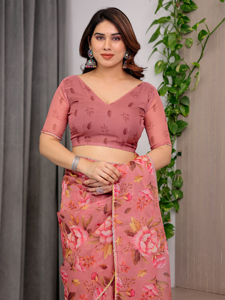 Dusty Rose Floral Printed Organza Saree | Designer Soft Sheer Organza Saree with Large Blossom Prints & Matching Blouse Piece | Elegant Party & Festive Wear Saree