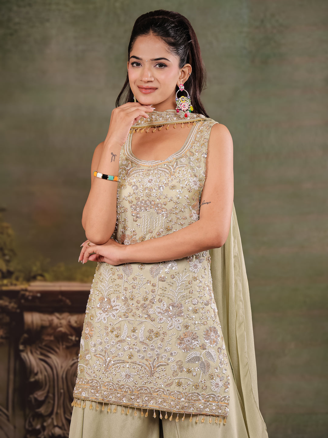Sage Green Embroidered Kurta Set with Wide-Leg Palazzo & Matching Dupatta