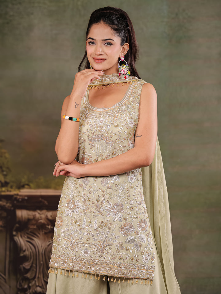 Sage Green Embroidered Kurta Set with Wide-Leg Palazzo & Matching Dupatta