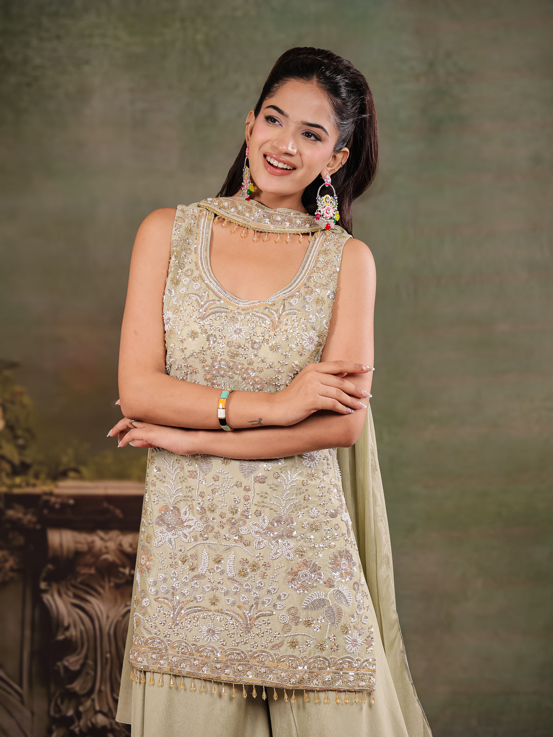 Sage Green Embroidered Kurta Set with Wide-Leg Palazzo & Matching Dupatta