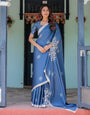 Ocean Blue Satin Georgette Freehand Saree with White Mandala Motifs & Printed Ikat Blouse | Handsfree Loop Drape