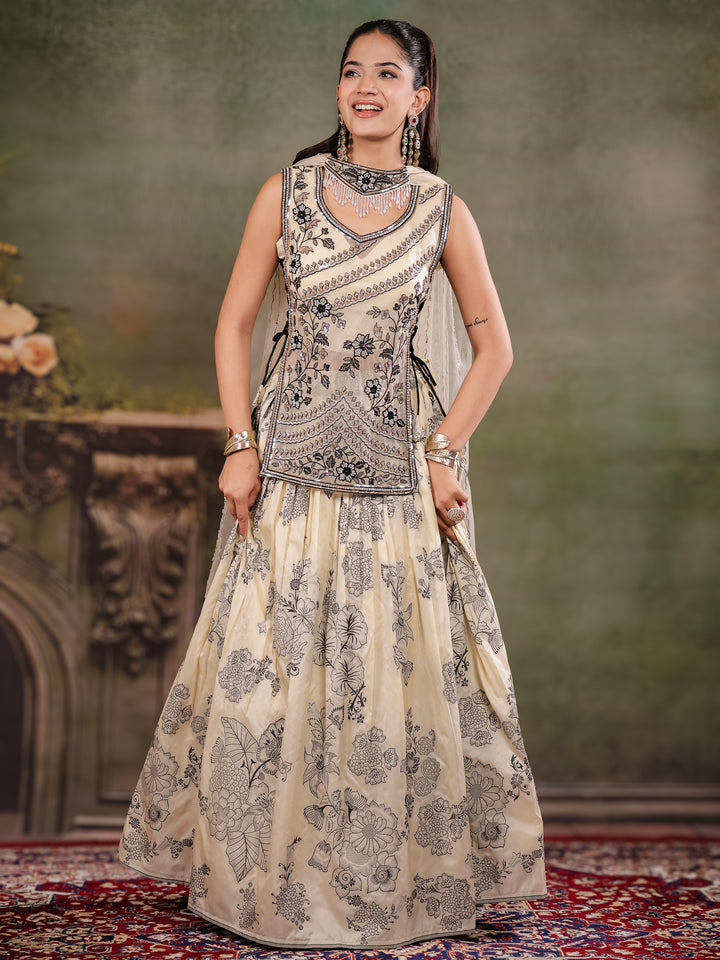 Ivory & Black Floral Printed Lehenga Set with Embroidered Peplum Kurti & Matching Dupatta