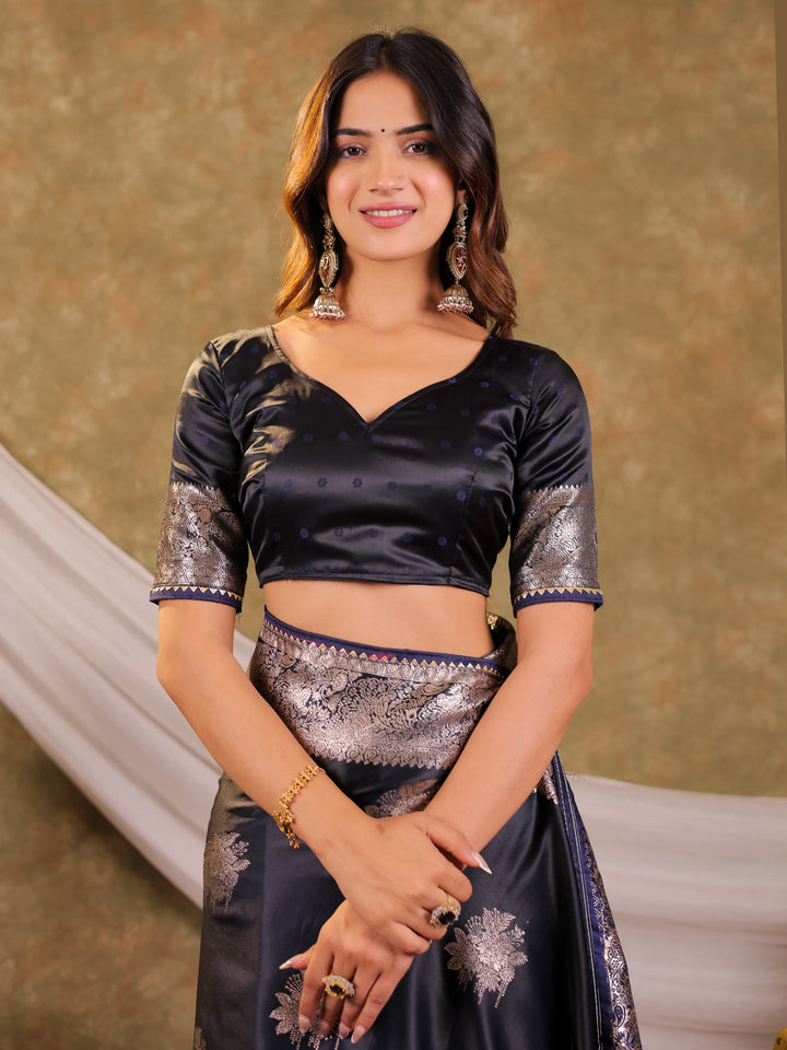 Dark Navy Blue Kanjivaram Banarasi Satin Silk Saree with Silver Zari Weaving, Rich Heritage Pallu & Tassel Detailing