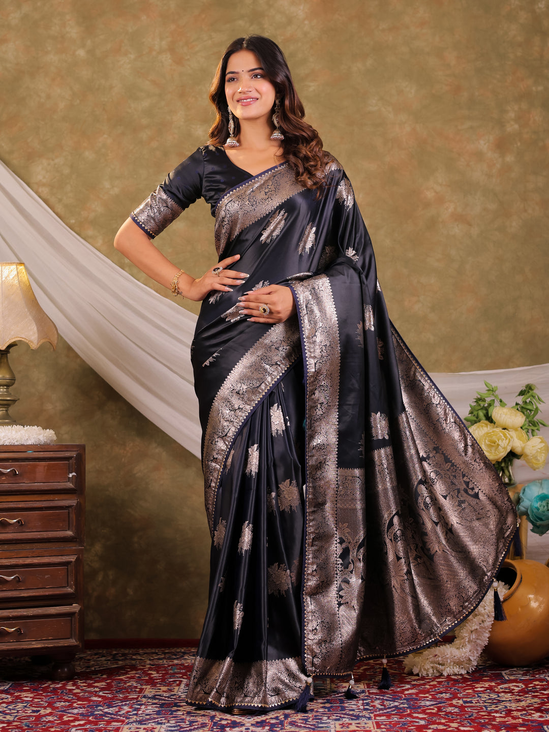 Dark Navy Blue Kanjivaram Banarasi Satin Silk Saree with Silver Zari Weaving, Rich Heritage Pallu & Tassel Detailing