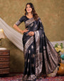 Dark Navy Blue Kanjivaram Banarasi Satin Silk Saree with Silver Zari Weaving, Rich Heritage Pallu & Tassel Detailing