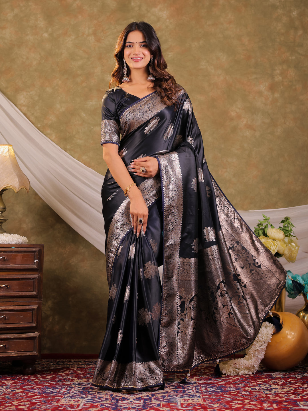 Dark Navy Blue Kanjivaram Banarasi Satin Silk Saree with Silver Zari Weaving, Rich Heritage Pallu & Tassel Detailing
