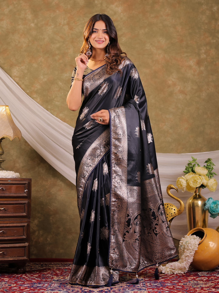 Dark Navy Blue Kanjivaram Banarasi Satin Silk Saree with Silver Zari Weaving, Rich Heritage Pallu & Tassel Detailing