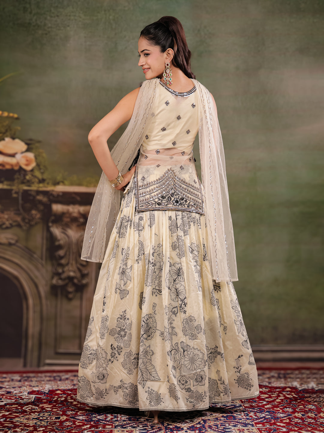 Ivory & Black Floral Printed Lehenga Set with Embroidered Peplum Kurti & Matching Dupatta