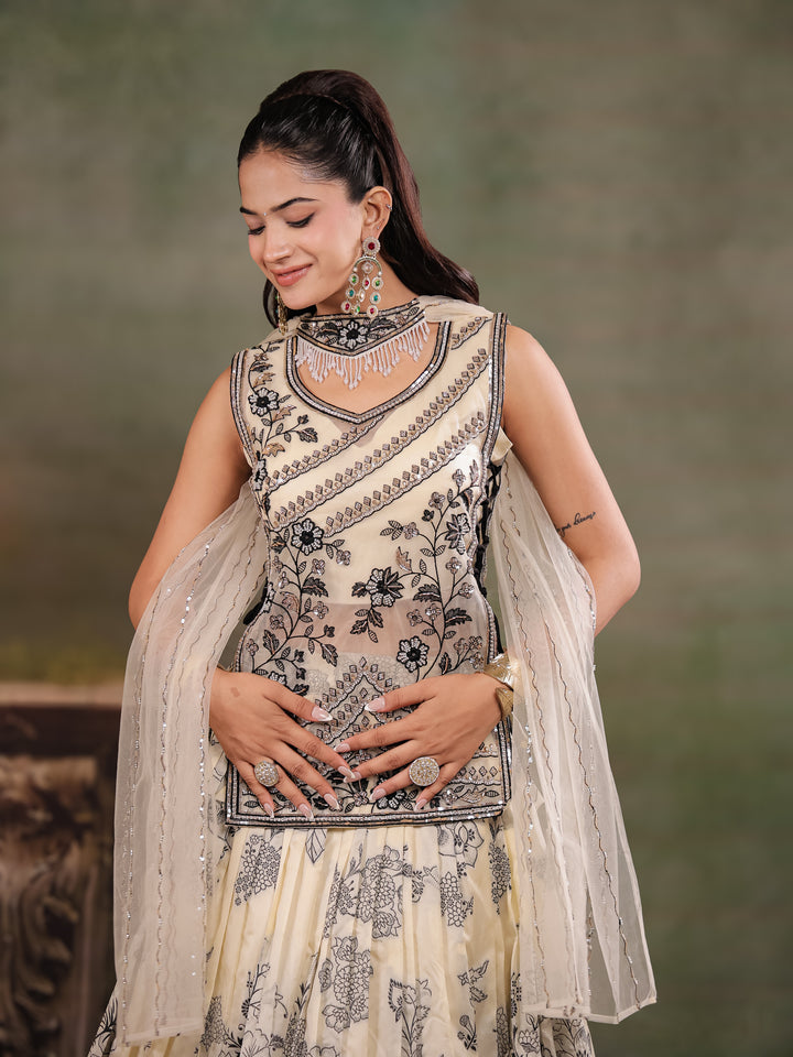 Ivory & Black Floral Printed Lehenga Set with Embroidered Peplum Kurti & Matching Dupatta