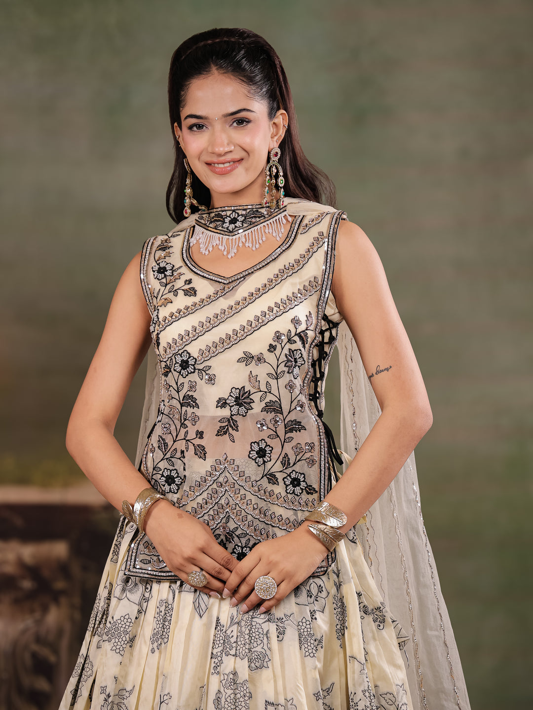Ivory & Black Floral Printed Lehenga Set with Embroidered Peplum Kurti & Matching Dupatta