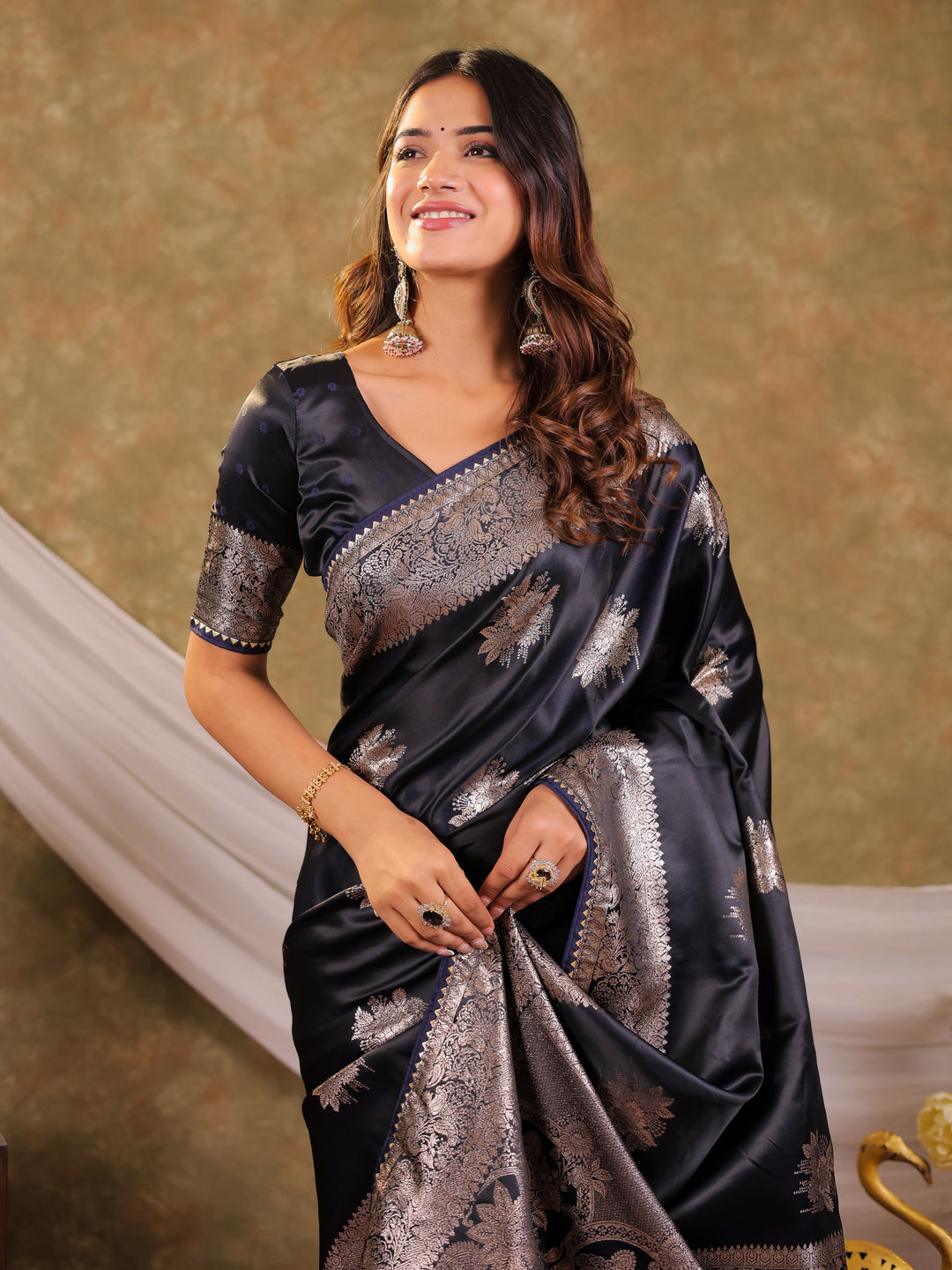 Dark Navy Blue Kanjivaram Banarasi Satin Silk Saree with Silver Zari Weaving, Rich Heritage Pallu & Tassel Detailing
