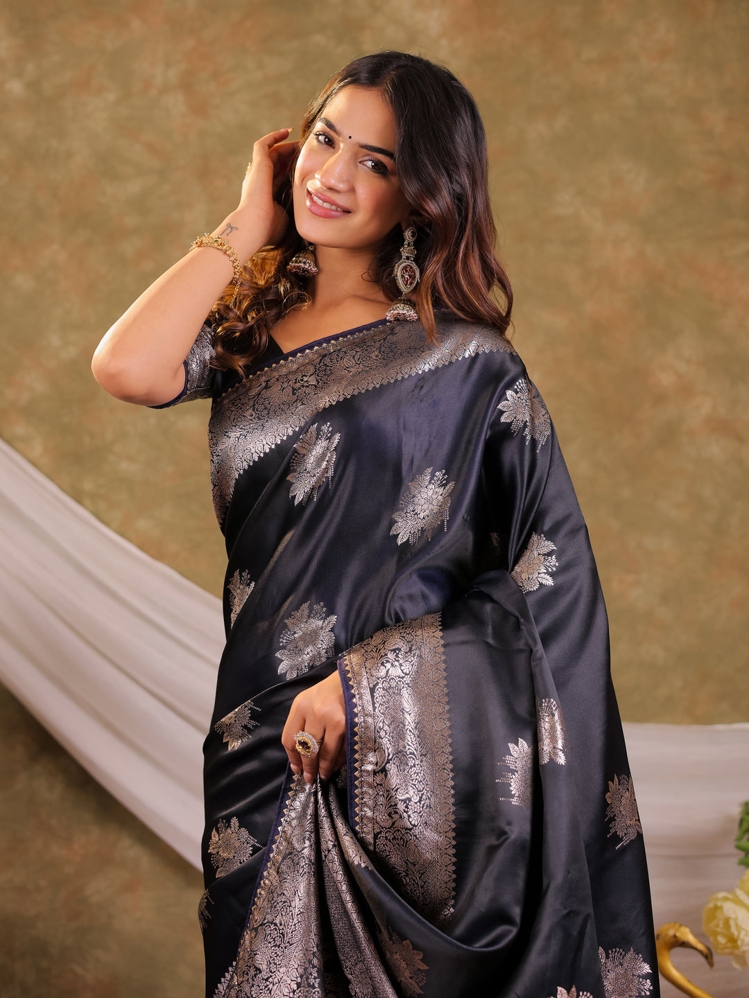 Dark Navy Blue Kanjivaram Banarasi Satin Silk Saree with Silver Zari Weaving, Rich Heritage Pallu & Tassel Detailing